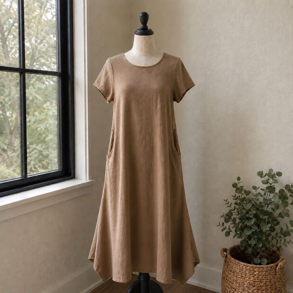 Anysize Tan Linen Cotton Dress Size S Short Sleeves Pockets Midi Boho Lagenlook